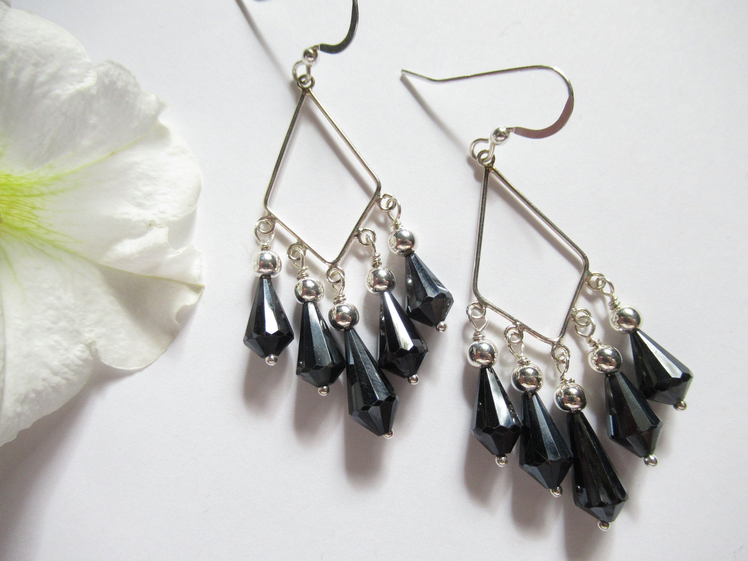 Black Spinel Sterling Silver Chandelier Earrings, Party Jewelry Black Spinel Sterling Silver Chandelier Earrings, Party Jewelry