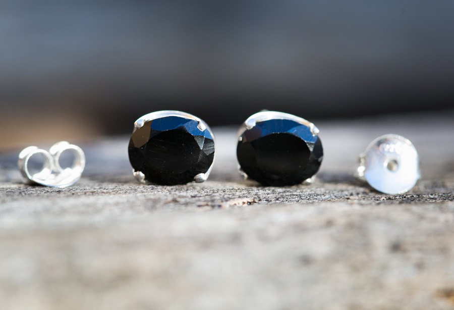 Black Spinel Stud Earrings: 925 Sterling Silver (9x7mm)