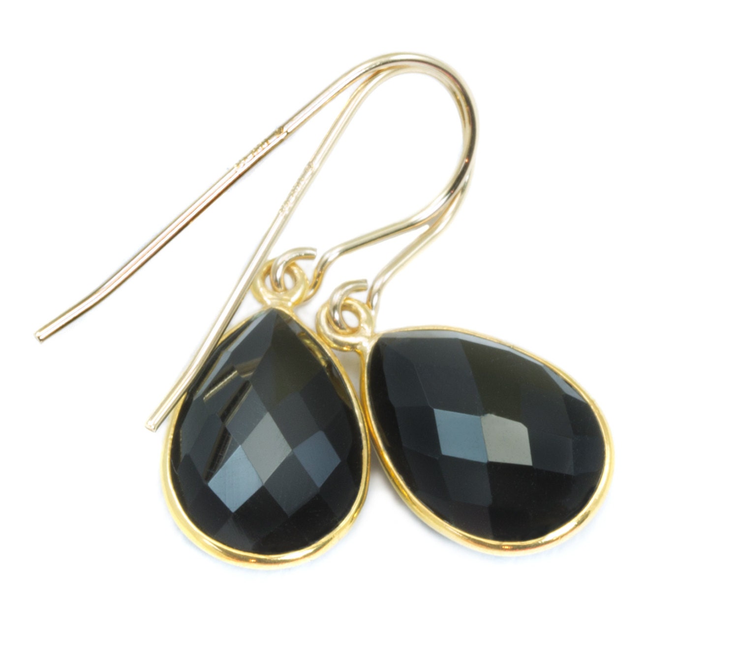 Spinel Earrings Black Teardrop Faceted Earrings Bezel 14k Solid Gold Or Filled Simple Design Wide Drops Elegant Classic Wardrobe Basic Drops