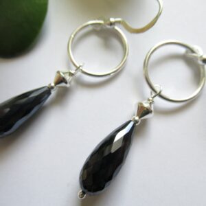 Black Spinel Teardrop Hoop Earrings, Sterling Silver, Classical Style