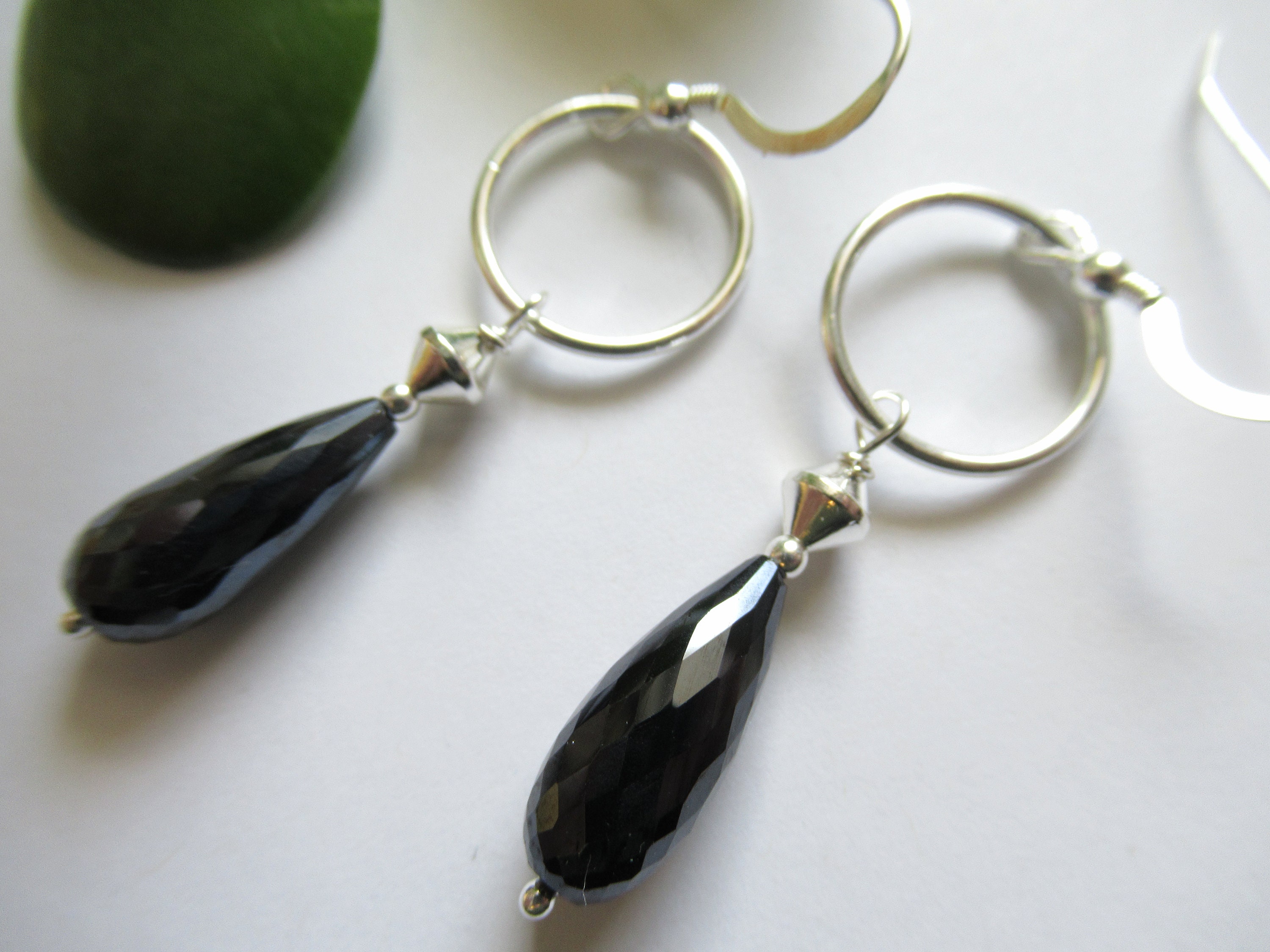 Black Spinel Teardrop Hoop Earrings, Sterling Silver, Classical Style