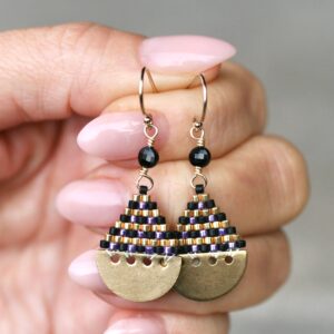 Black Spinel Teardrop Earrings, Miyuki Seed Beads, 14KT Gold Filled