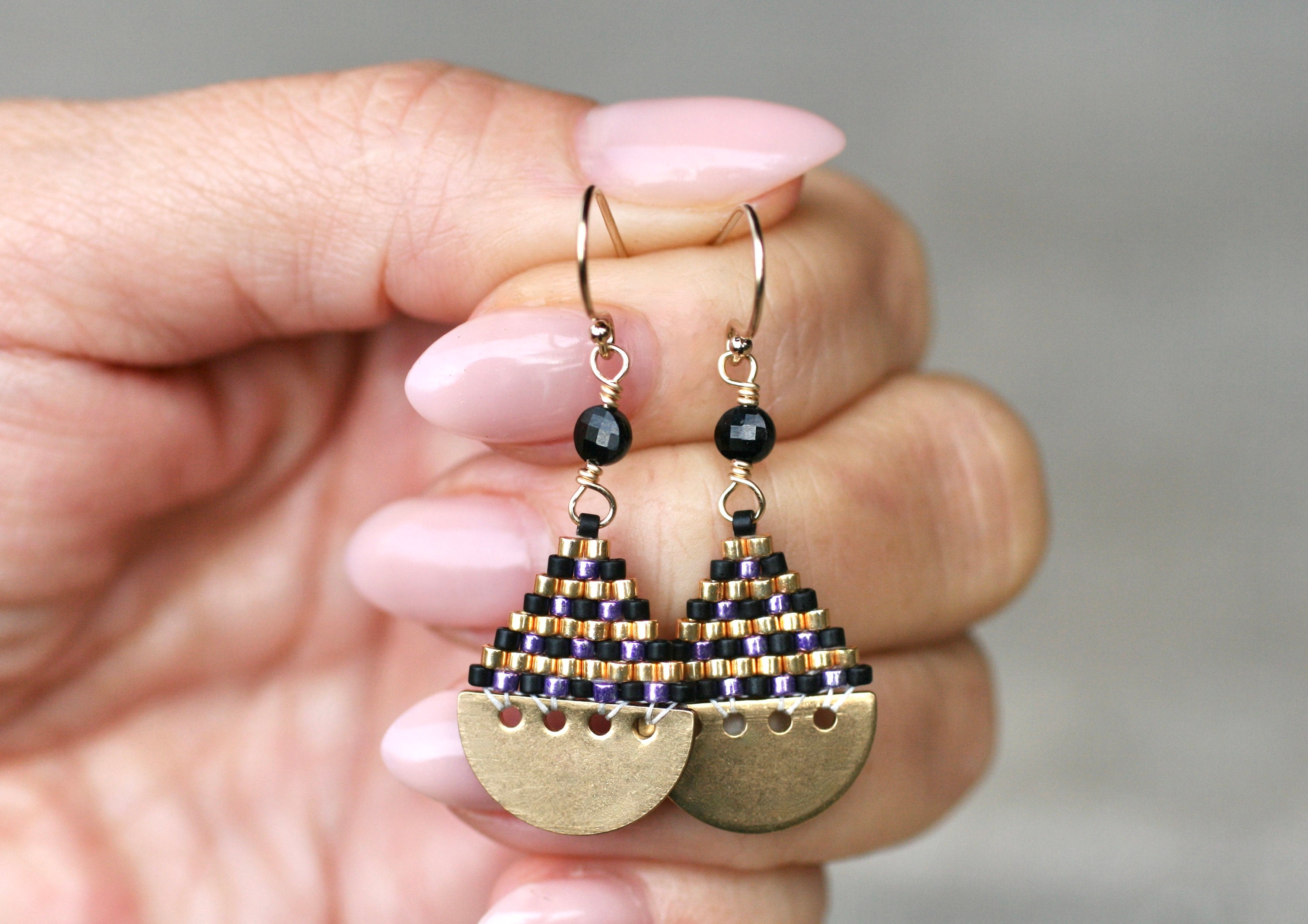 Black Spinel Teardrop Earrings, Miyuki Seed Beads, 14kt Gold Filled