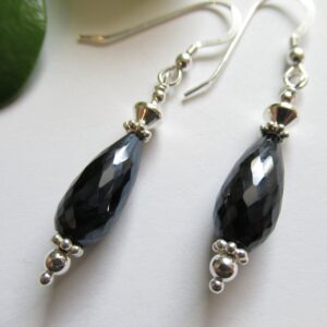Black Spinel Teardrop Earrings, Sterling Silver, Dainty Gemstone