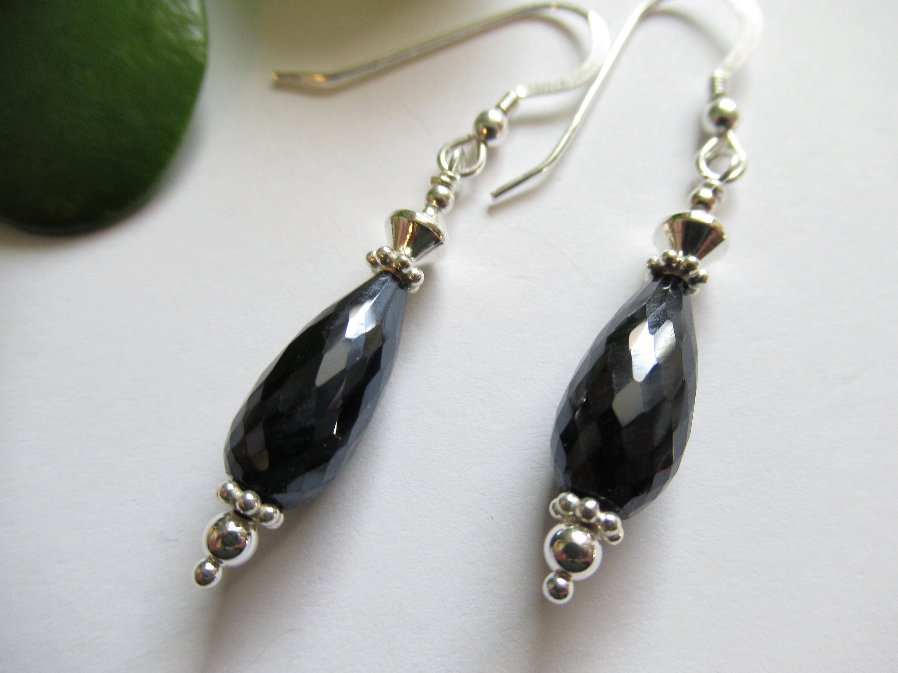 Black Spinel Teardrop Earrings, Sterling Silver, Dainty Gemstone