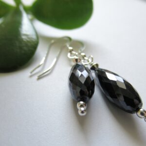 Black Spinel Teardrop Earrings, Sterling Silver Dainty Gemstone Earrings
