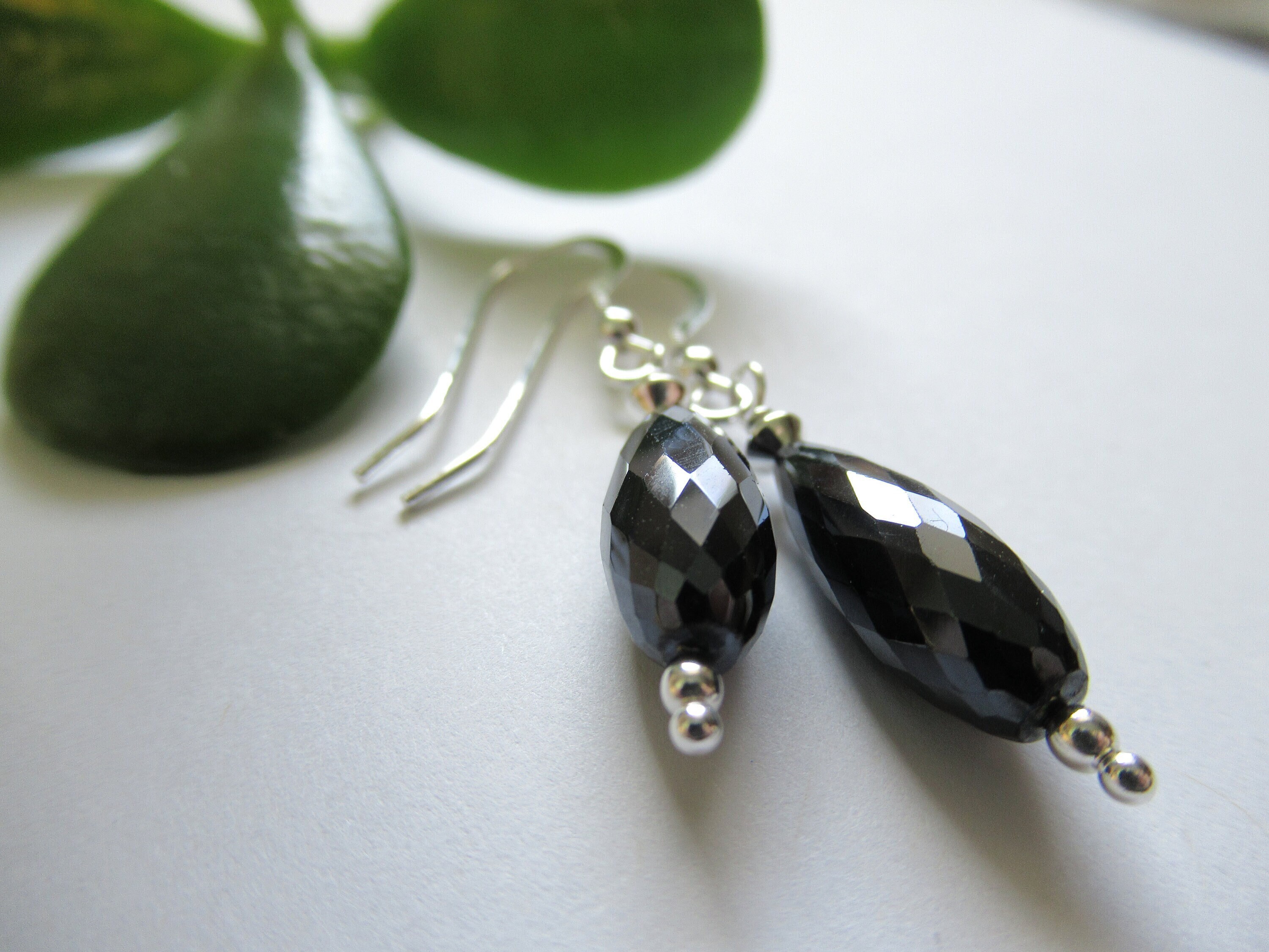 Black Spinel Teardrop Earrings, Sterling Silver Dainty Gemstone Earrings