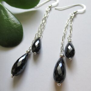 Black Spinel Teardrop Earrings, Sterling Silver Chain Dangle