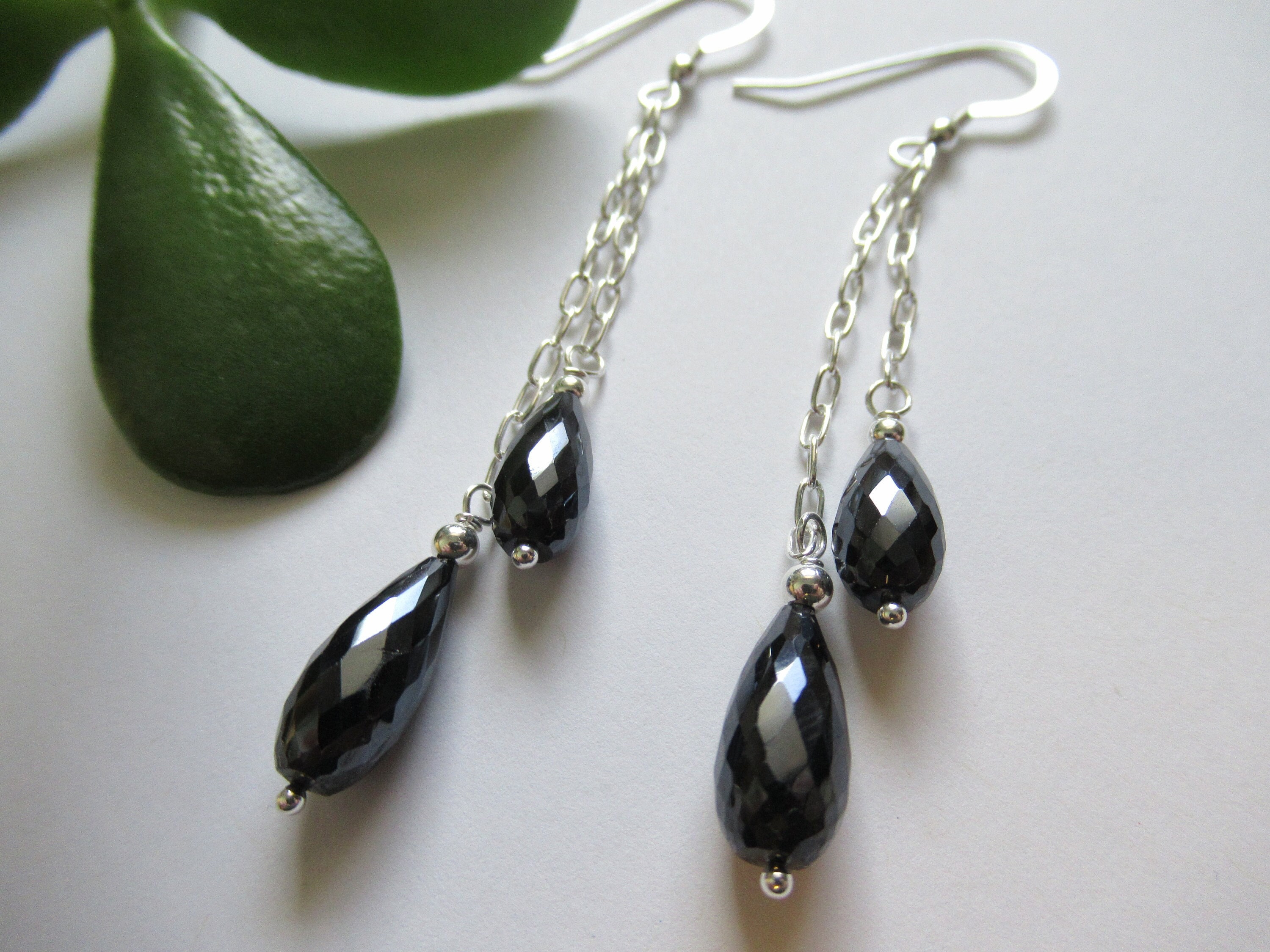 Black Spinel Teardrop Earrings, Sterling Silver Chain Dangle