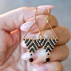 Black Spinel Triangle Earrings: Gold Filled Miyuki Beaded Geometric Jewelry