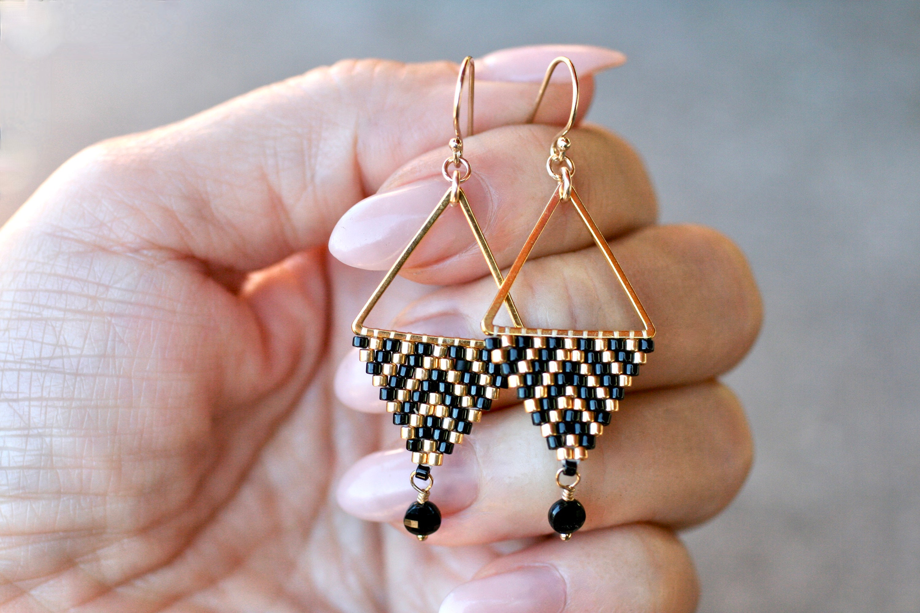 Black Spinel Triangle Earrings: Gold Filled Miyuki Beaded Geometric Jewelry