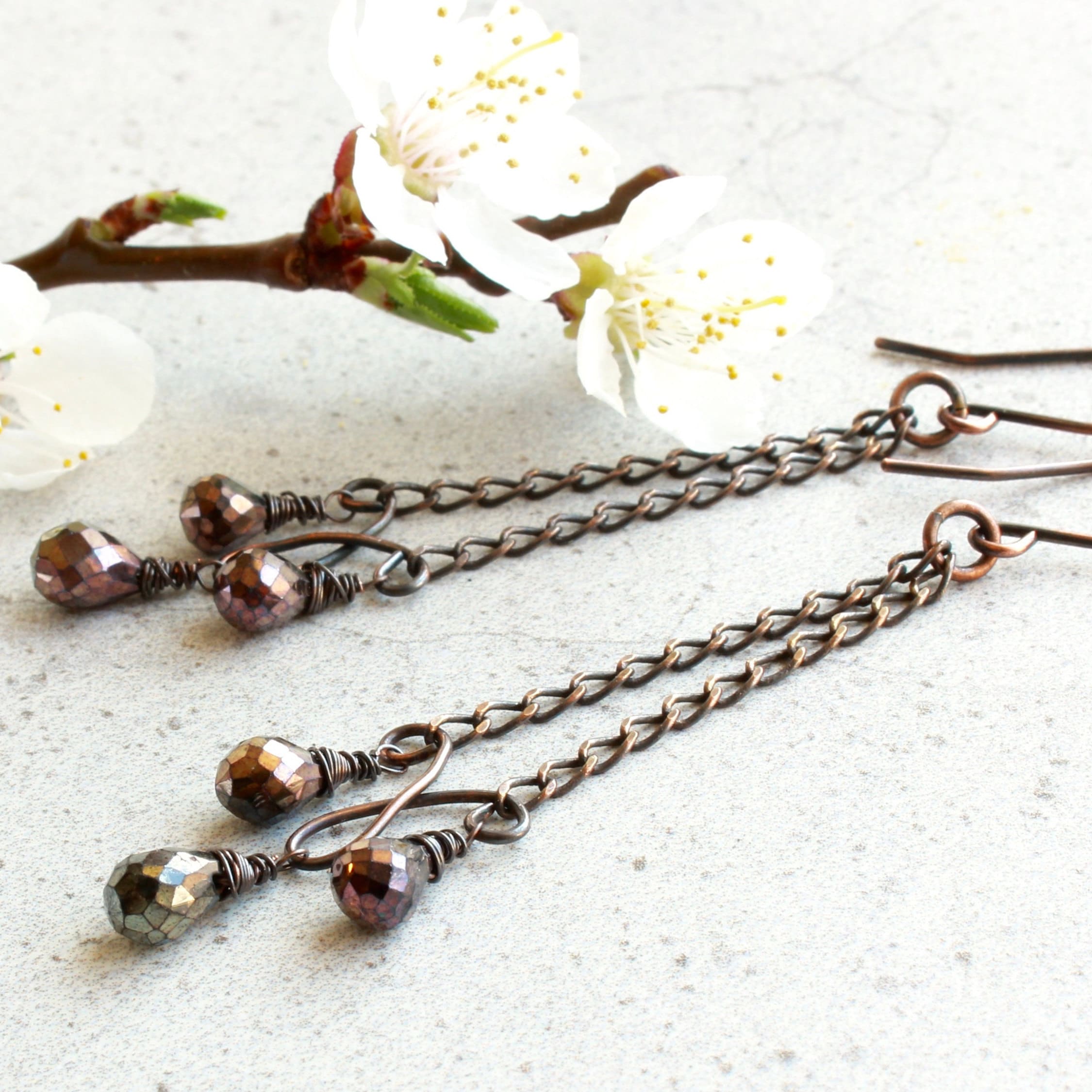 Copper Spinel Earrings Oxidized Copper Chandeliers Natural Gemstone Modern Statement Long Dangle Drops Birthday Holiday Gift For Her 4746