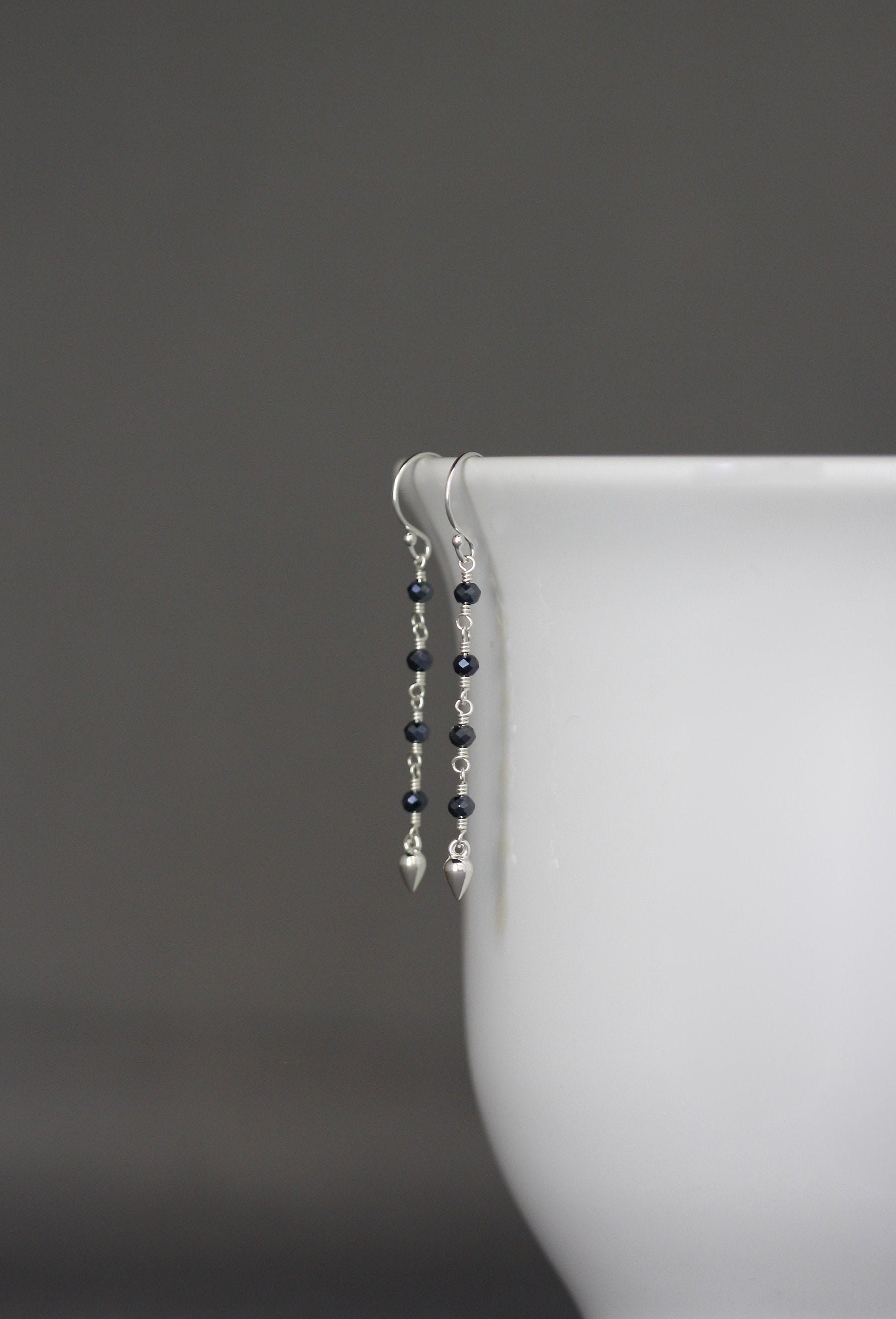 Spinel Earrings - Gray Gemstone Earrings - Silver Wire Wrapped Earrings - Long Drop Earrings - Delicate Earrings