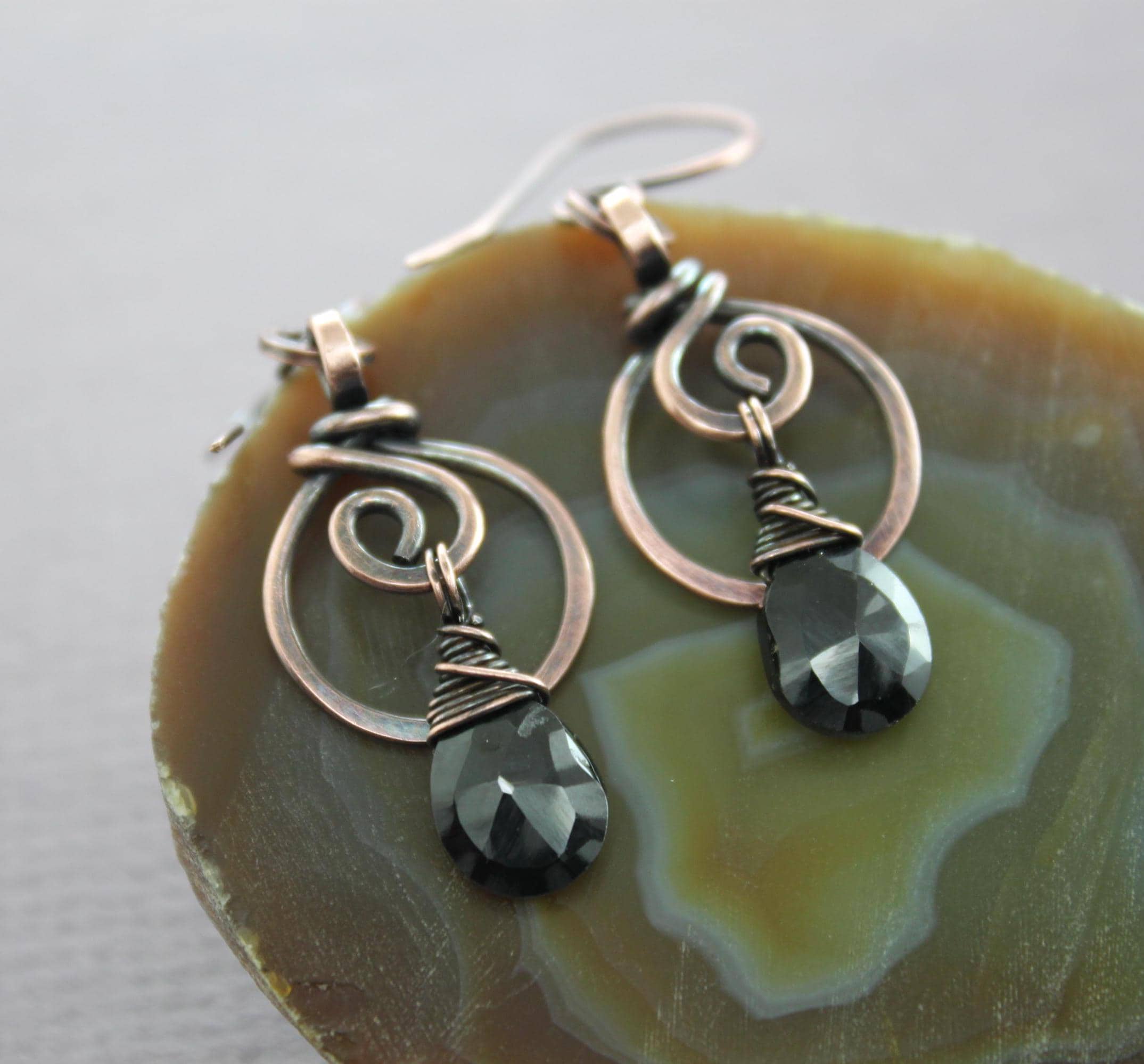 Handmade Copper Dangle Earrings: Black Spinel Gemstone, Oxidized Boho Style
