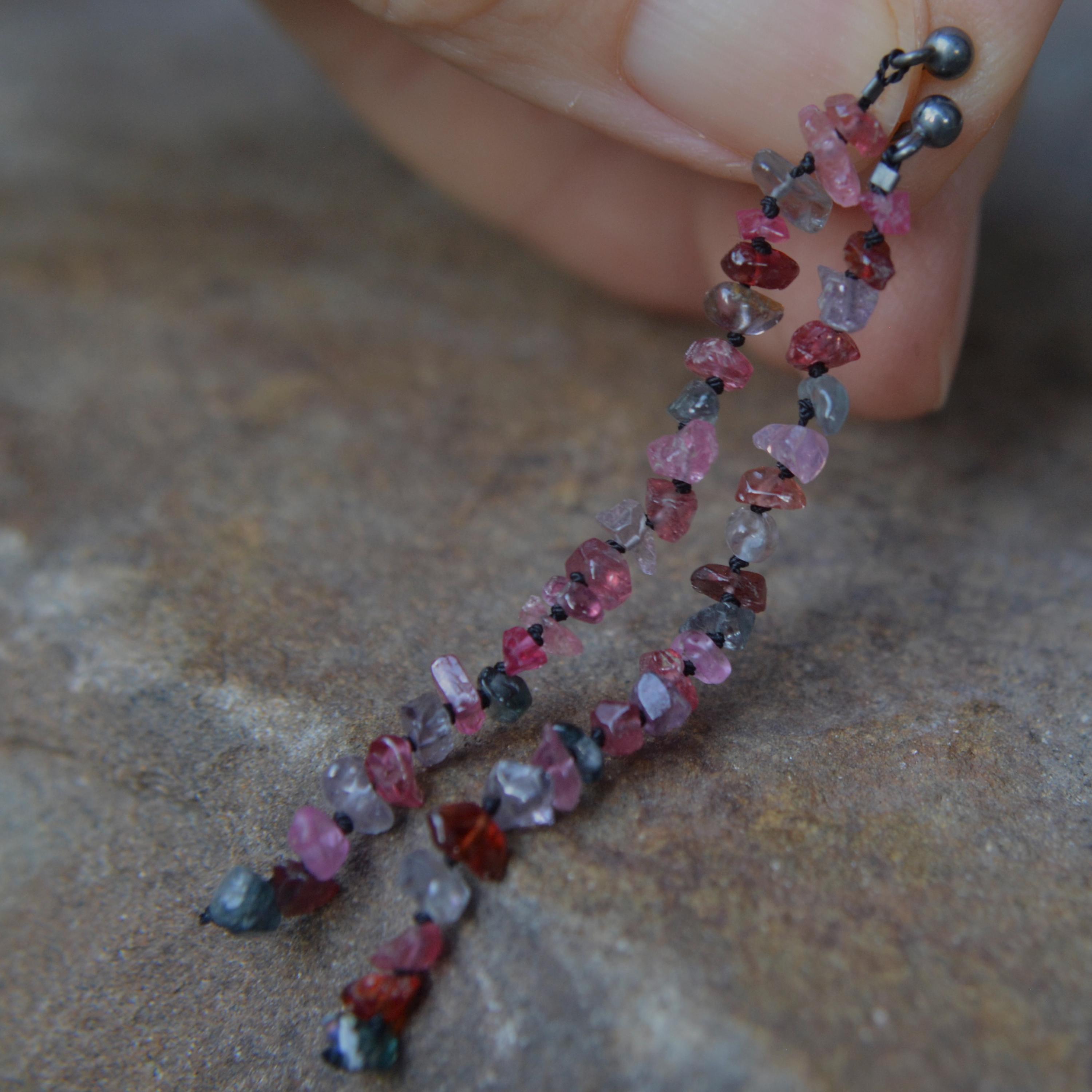 Multicolor Spinel Knotted Silk Post Earrings Oxidized Sterling Silver