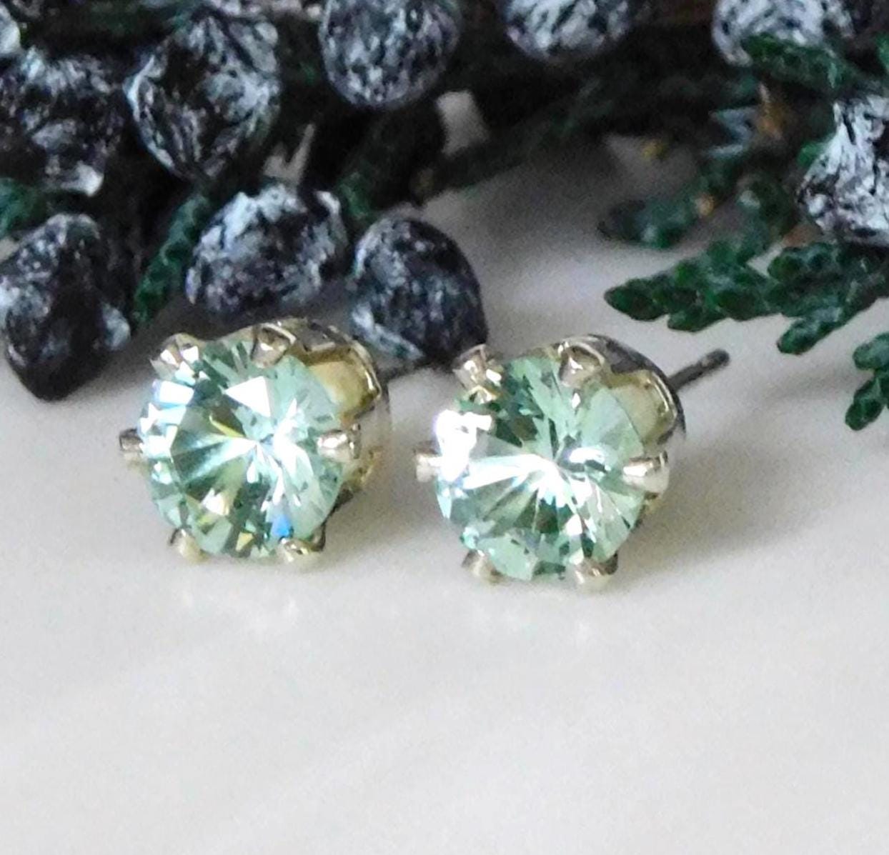 New Green Spinel 6mm Stud Earrings: Sterling Silver, August Birthstone