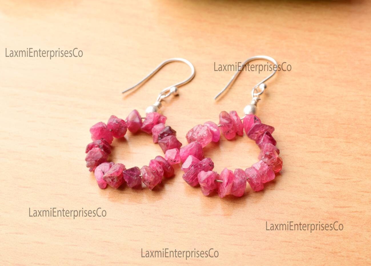 Raw Red Spinel Earrings 925 Sterling Silver Wire Wrapped Hoop Earrings Handmade Gemstone Jewelry Gift For Her