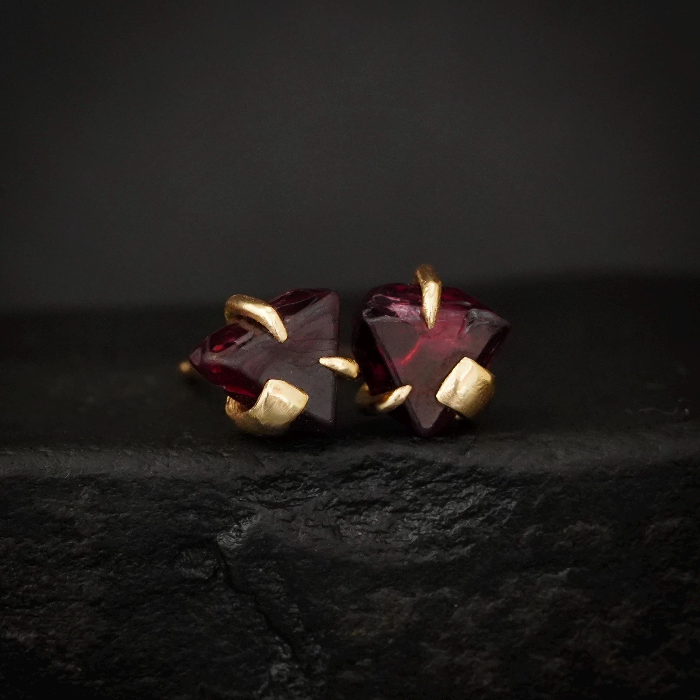 14k Gold Red Spinel Studs. Solid Yellow Gold Natural Raw Uncut Geometric Triangular Red Spinel Crystal Stud Earrings