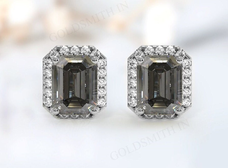 Unique Grey Spinal Earrings Emerald Cut Halo Style Stud Earrings 925 Sterling Silver Grey Spinal Engagement Earrings Unique Handmade Earring