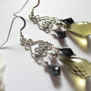 Whiskey Quartz Sterling Silver Chandelier Earrings With Black Spinel