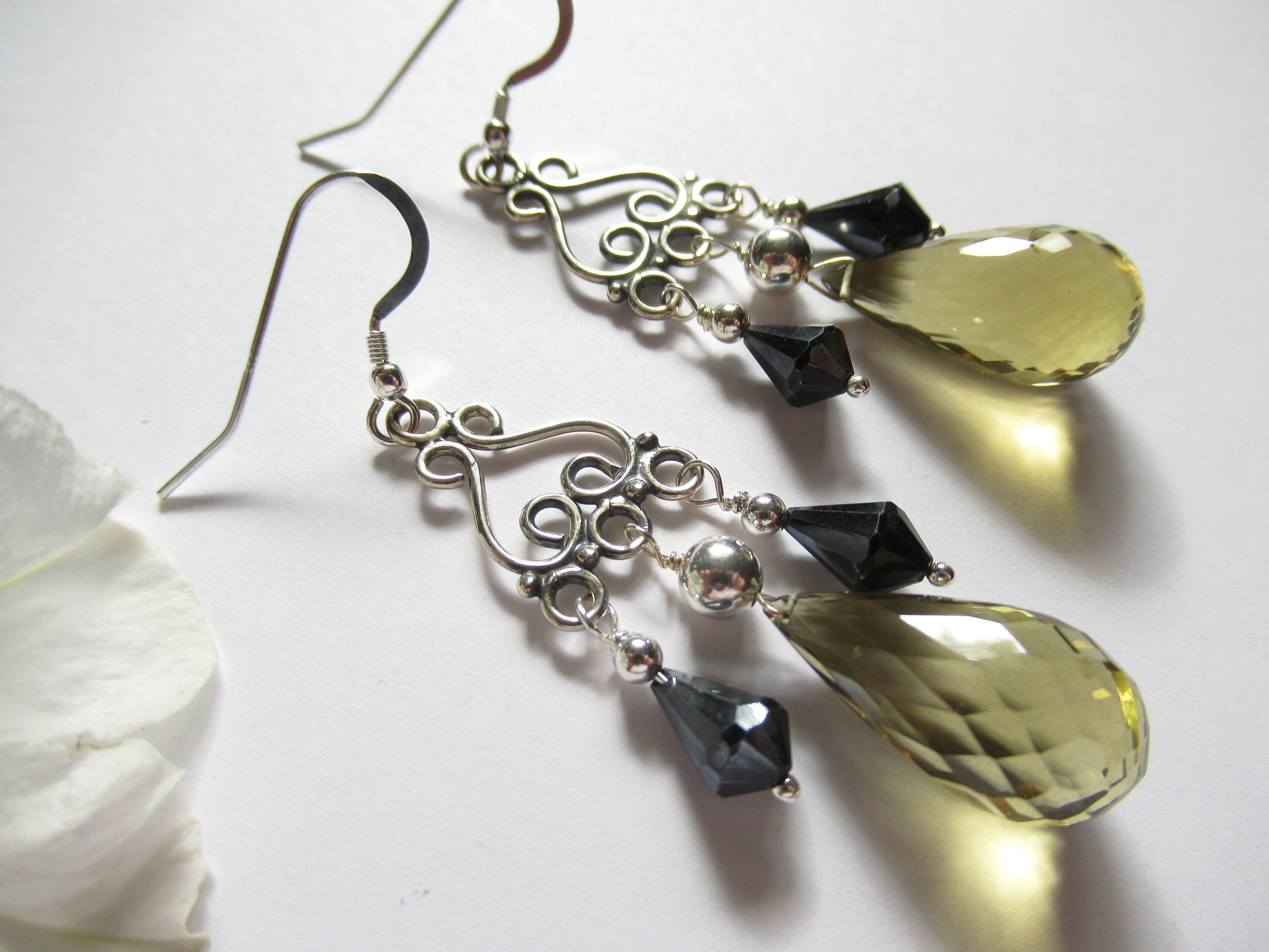 Whiskey Quartz Sterling Silver Chandelier Earrings With Black Spinel