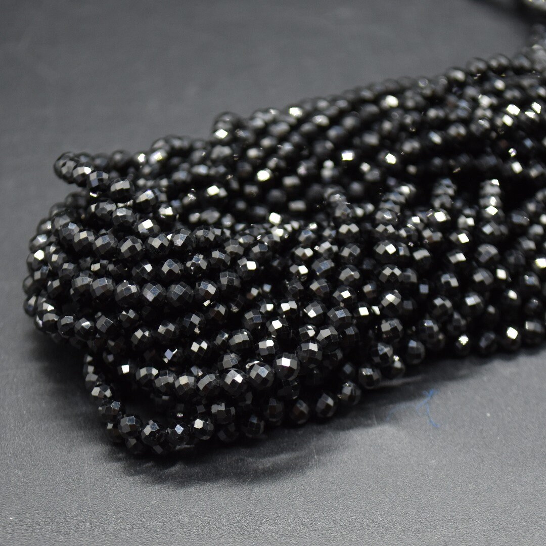 3mm Black Spinel Gemstone Faceted Round Beads - 15" Strand