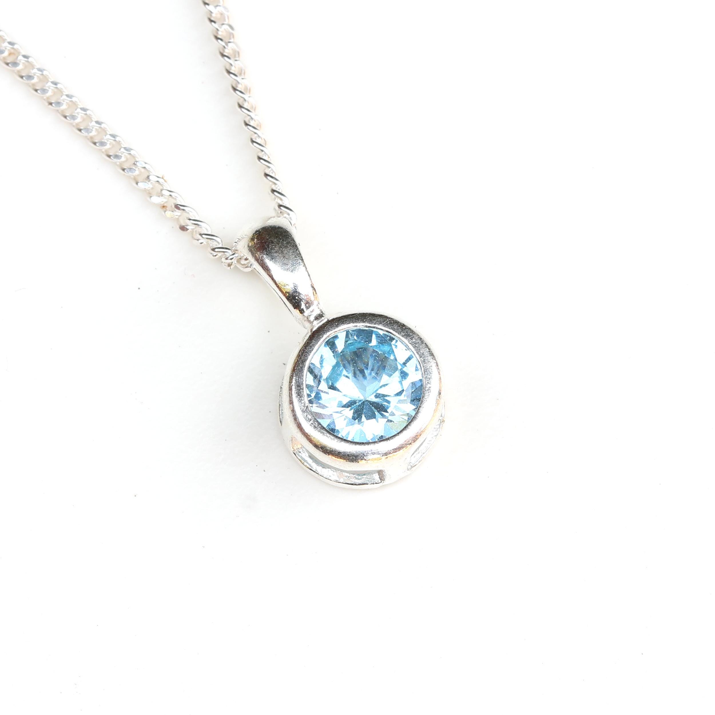 Aqua Blue Spinel Necklace, 6mm, Sterling Silver, Lab-grown, March Birthstone, Blue Gemstone Jewellery, Uk