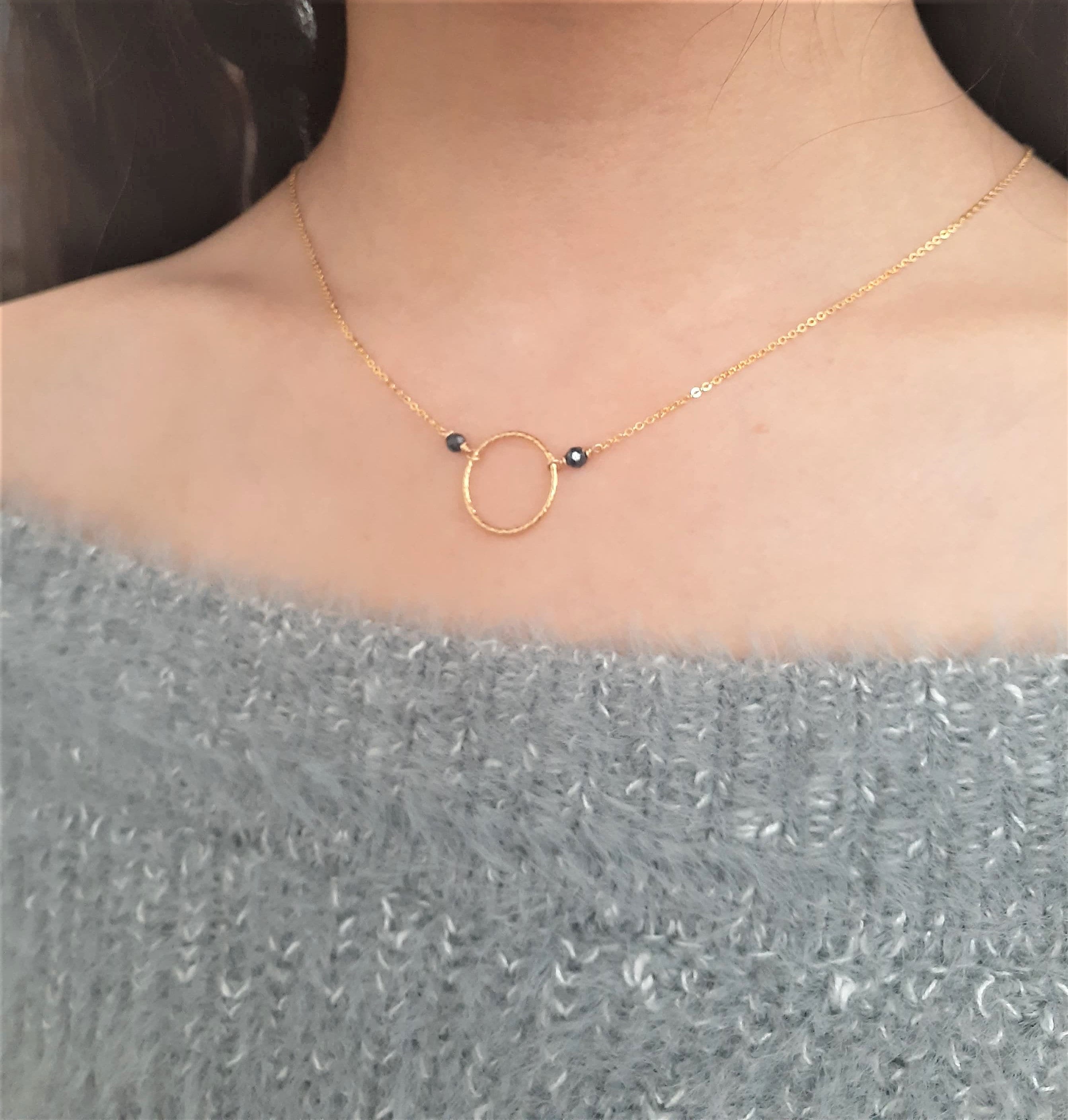 Black Spinel Necklace, August Birthstone Necklace / Handmade Jewelry / Dainty Hoop Necklace, Simple Gold Necklace, Necklaces For Women, Boho
