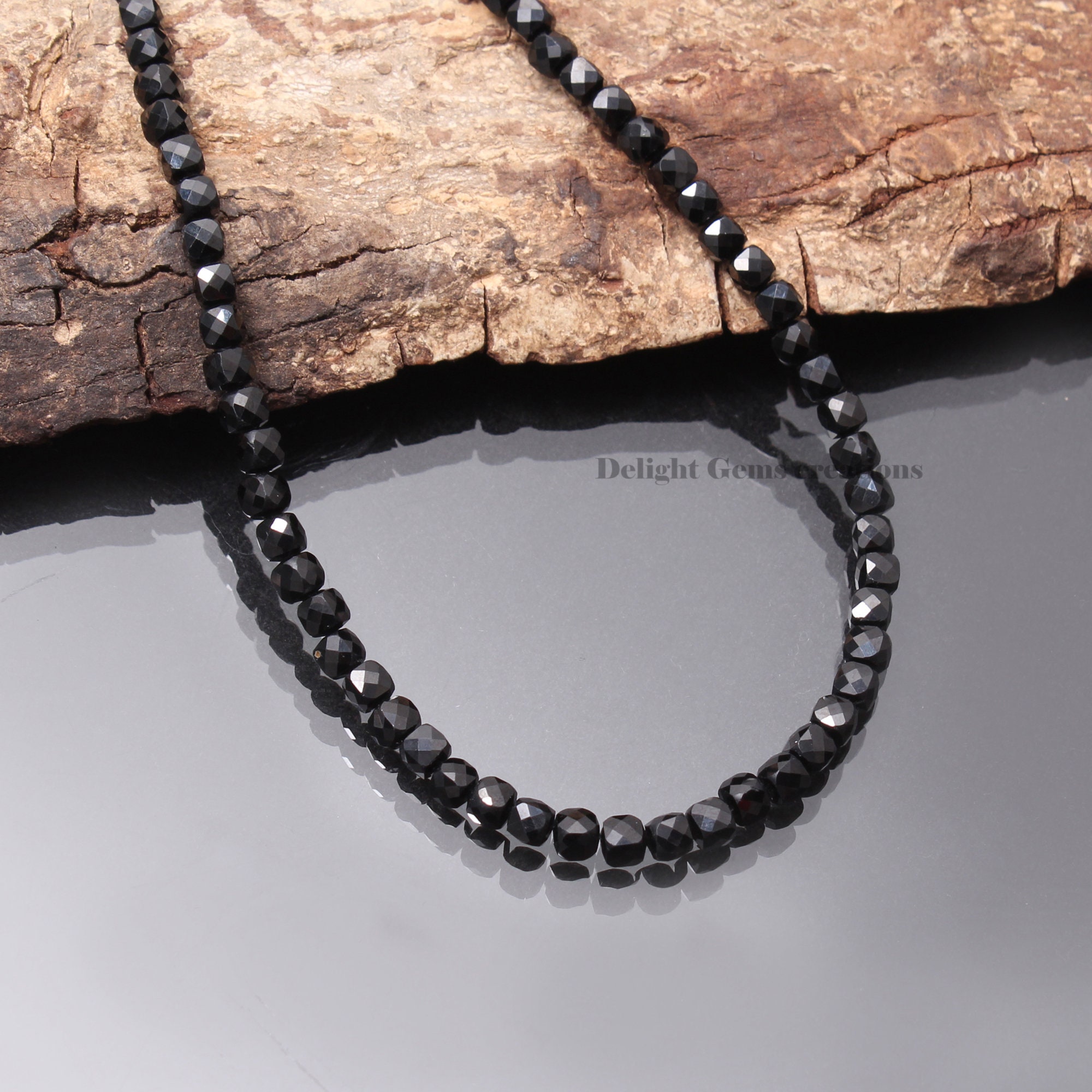Black Spinel Beaded Necklace, 4.5mm Black Spinel Faceted Cube Box Bead Necklace, Shiny Black Spinel Faceted Necklace Jewelry, Gift For Her