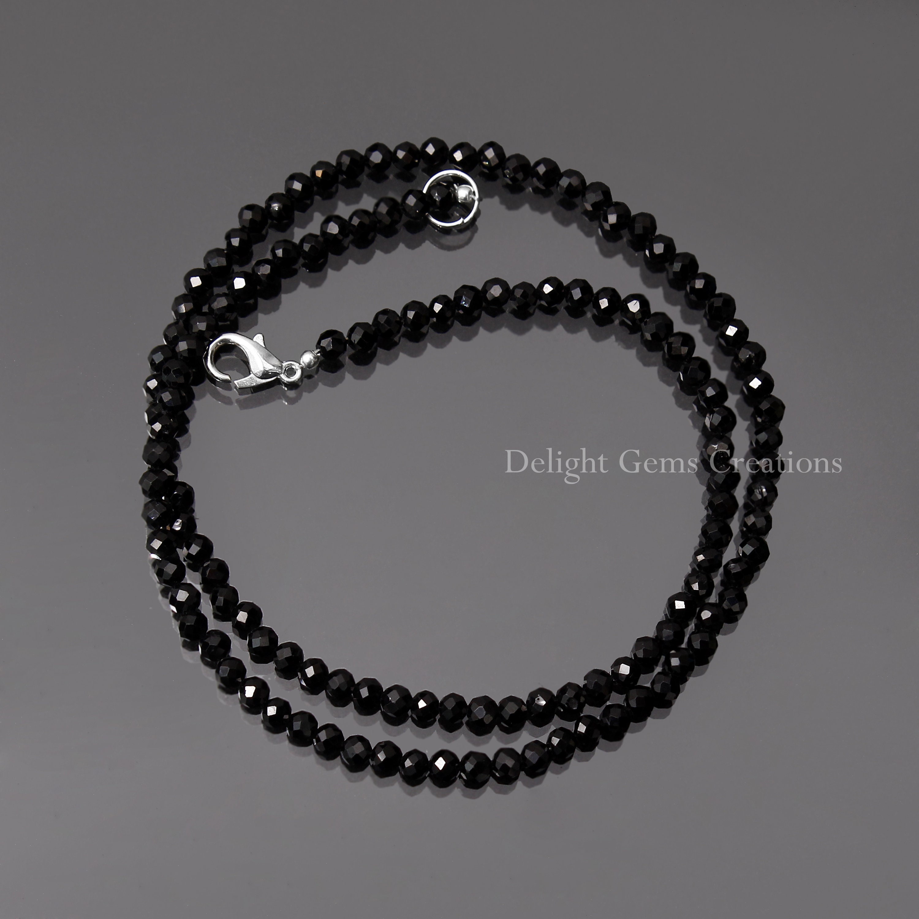 Black Spinel Beaded Necklace, 4mm Faceted Round Beads, 18 Inch Black Spinel Beaded Necklace, 4mm Faceted Round Beads, 18 Inch