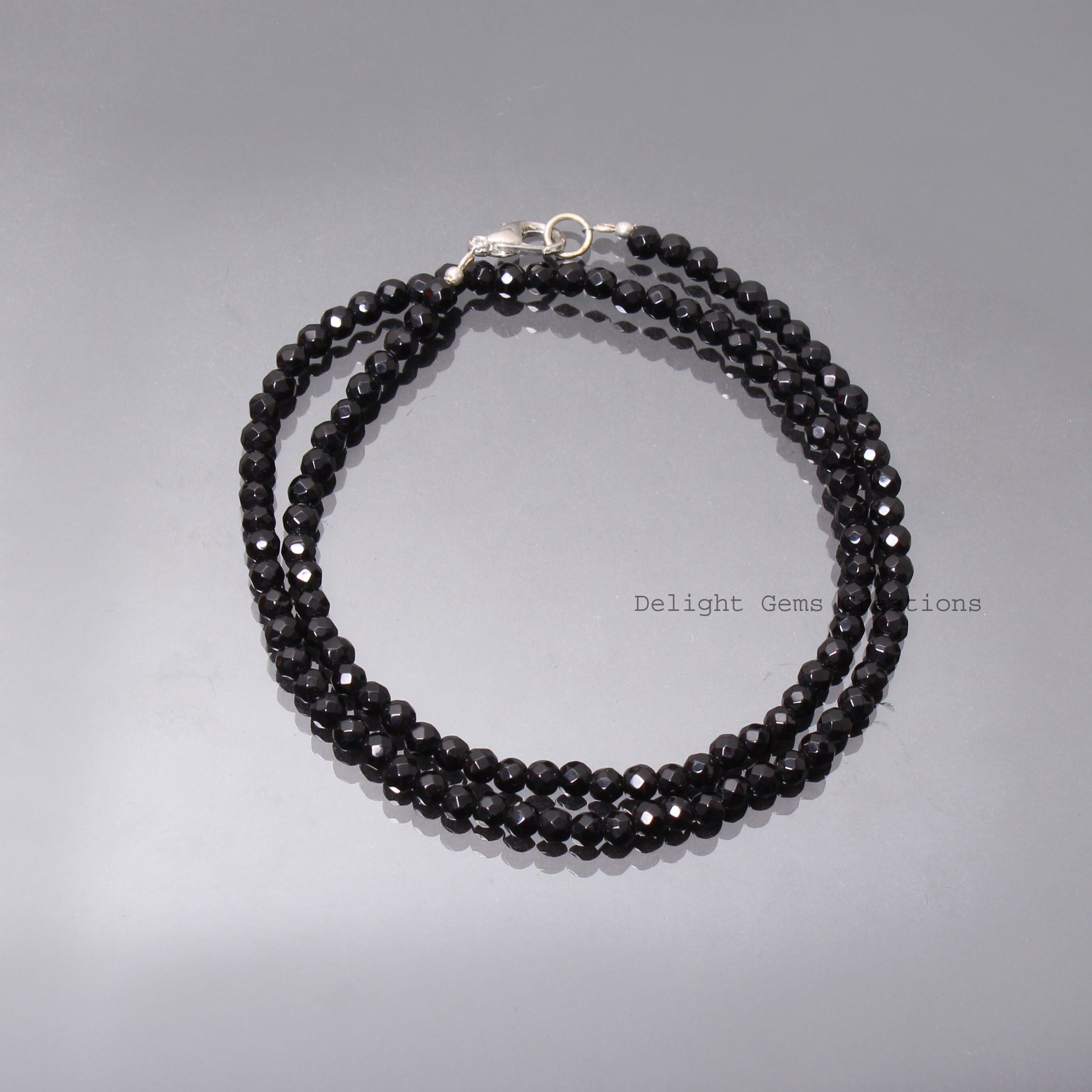 Black Spinel Beaded Necklace, 4mm Faceted Gemstone, Sterling Silver Clasp Black Spinel Beaded Necklace, 4mm Faceted Gemstone, Sterling Silver Clasp