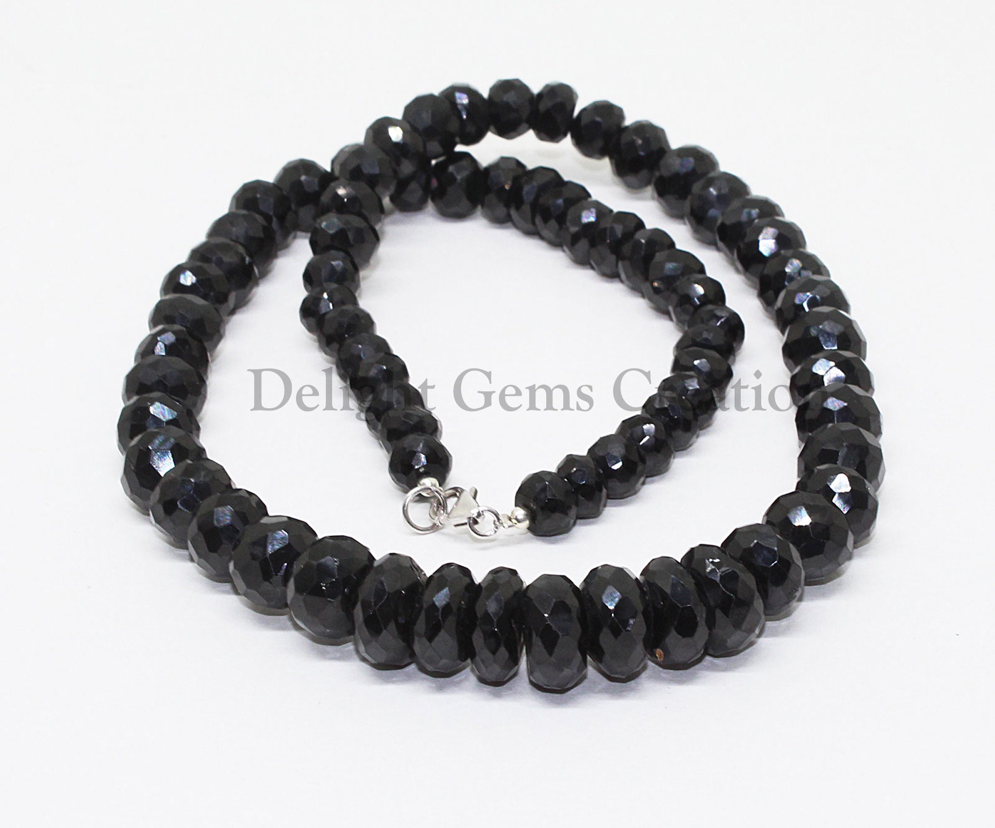 Black Spinel Beaded Necklace, Faceted Rondelle Beads, 18 Inch