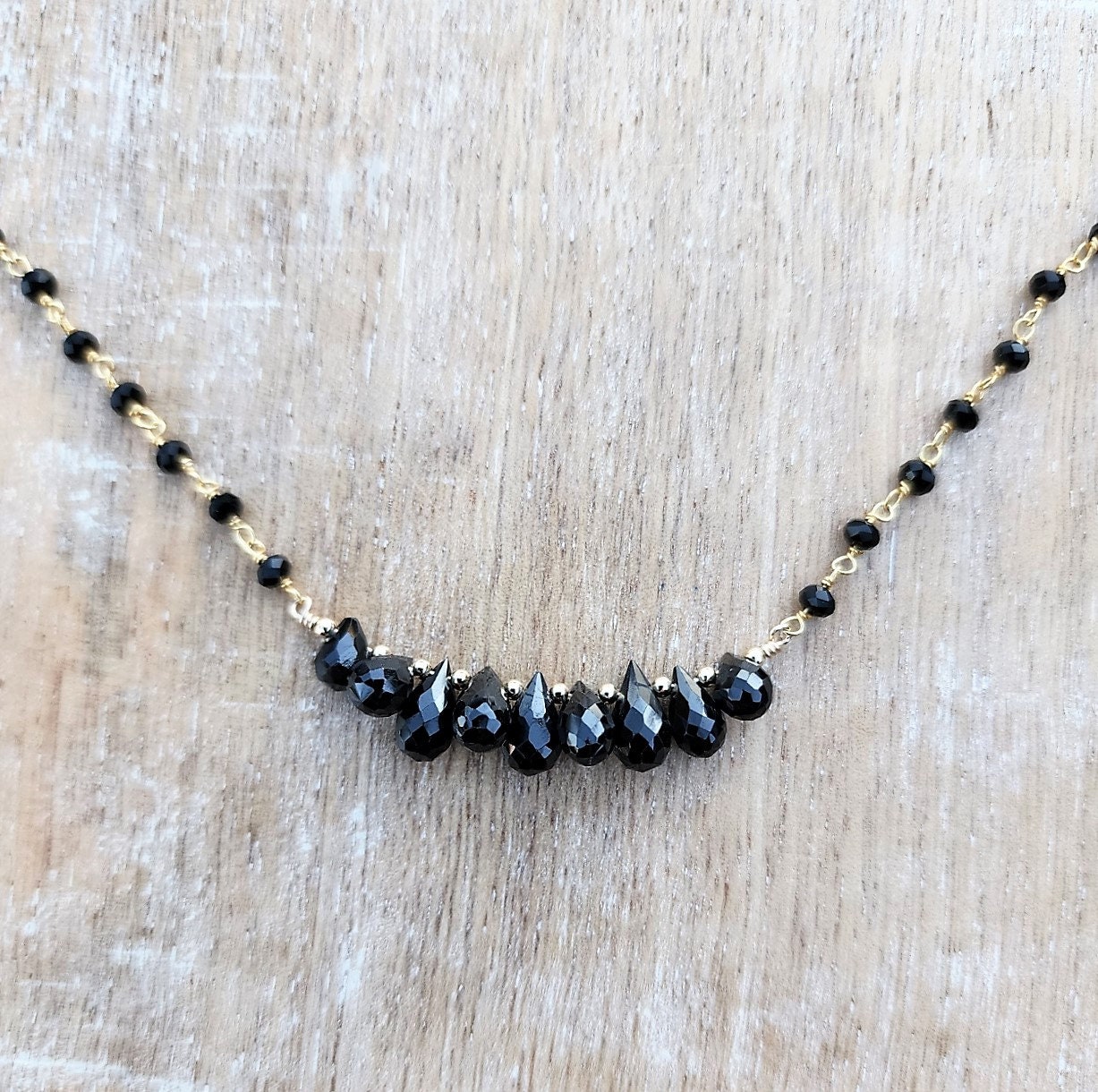 Black Spinel Beaded Gemstone Necklace Gold, Classic Black And Gold Necklace, Minimalist Black Gemstone Necklace, Briolette Necklace Gold