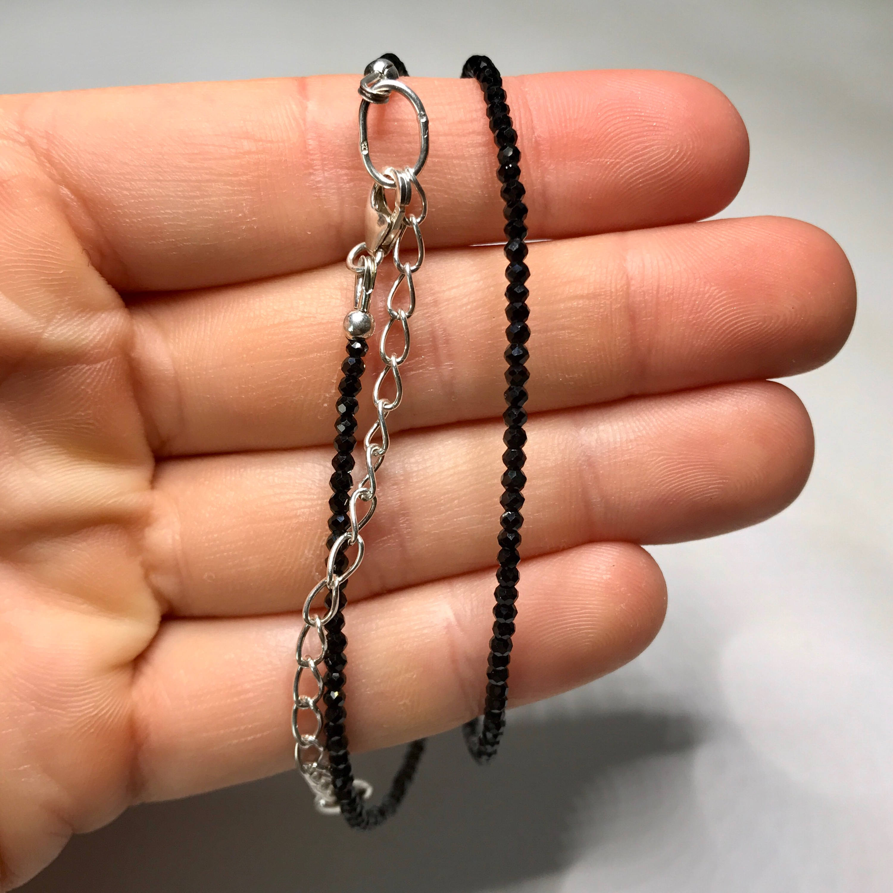 Black Spinel Beaded Strand - Micro Faceted Dainty Spinel Necklace- Sterling Silver - Spinel Jewelry - Black Stone Necklace - Dainty Jewelry
