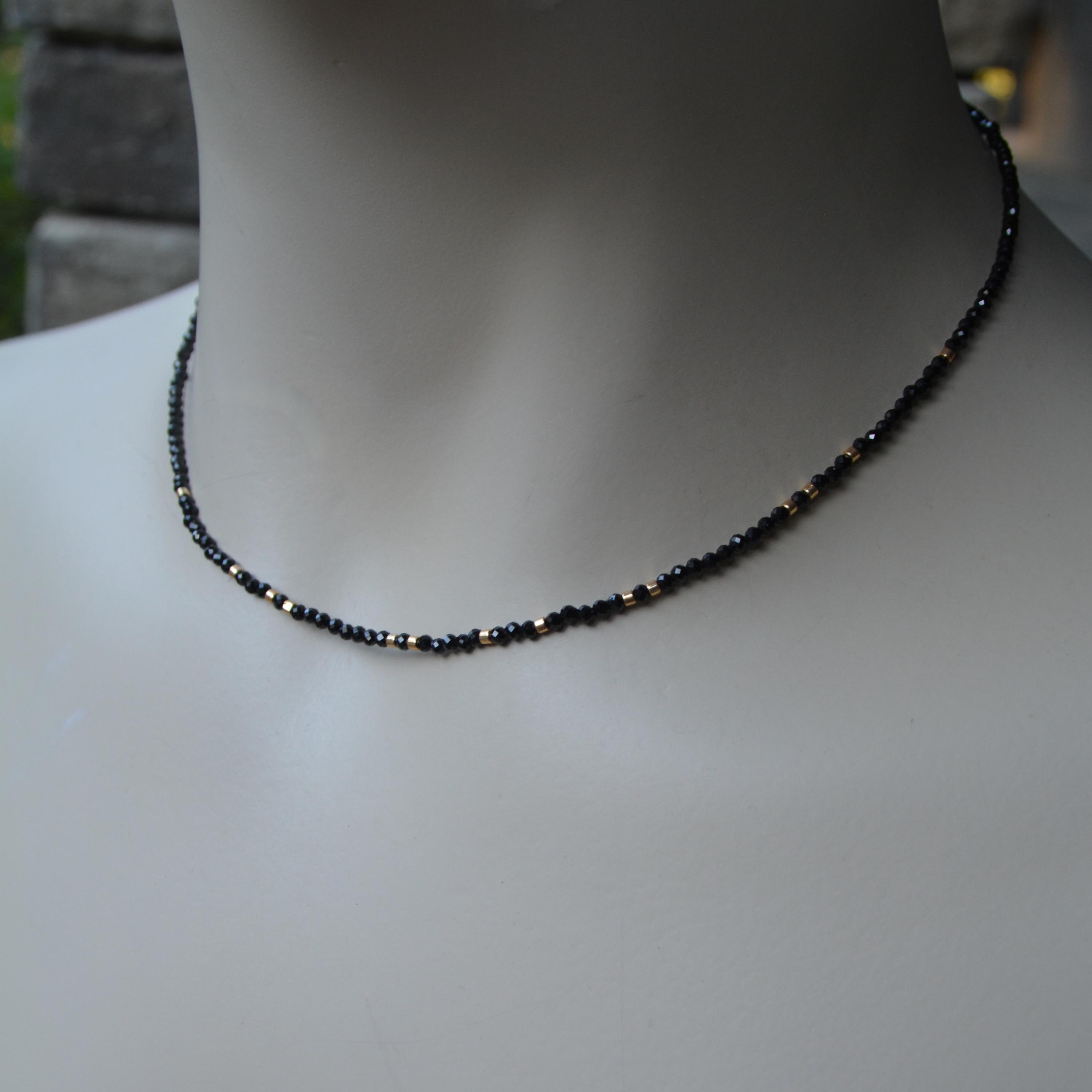 Black Spinel Silk Choker Necklace 15 1/2 Inches