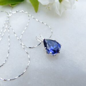Blue Spinel Teardrop Necklace, Sterling Silver, September Birthstone