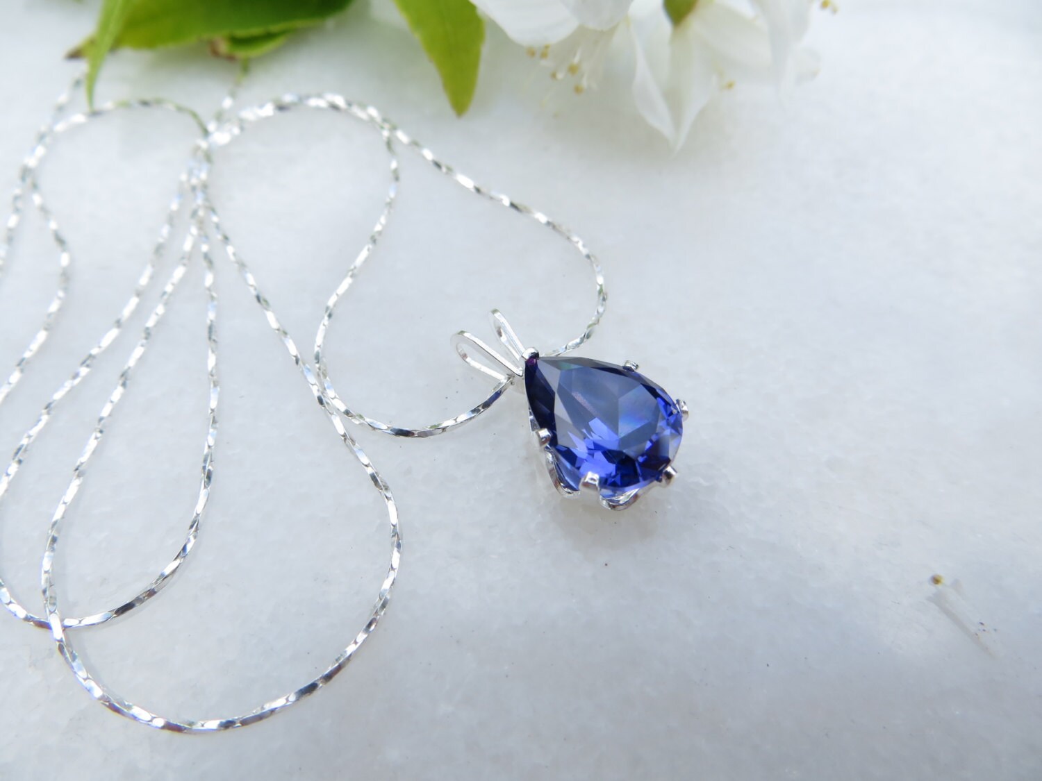 Blue Spinel Teardrop Necklace, Sterling Silver, September Birthstone