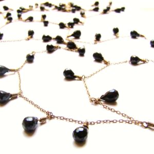 Handmade Black Spinel Teardrop Necklace: 14k Gold Fill, 36 Inch Chain