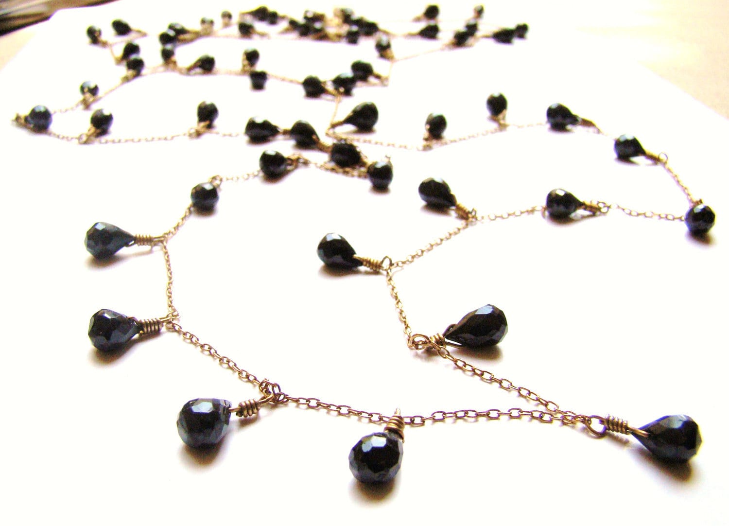 Handmade Black Spinel Teardrop Necklace: 14k Gold Fill, 36 Inch Chain