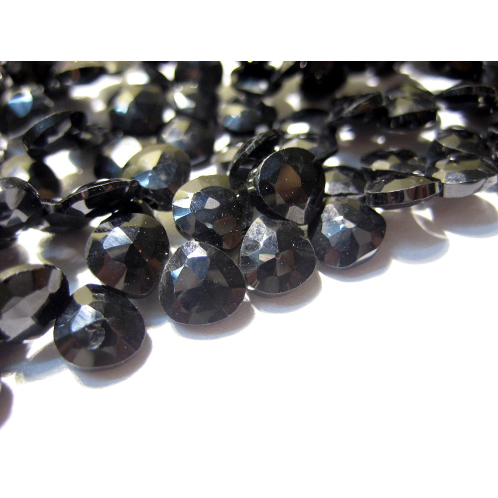 6.5mm Black Spinel Faceted Heart Gemstone, Black Spinel Heart Briolettes For Jewelry, Black Spinel Gemstones (4in To 8in Options)