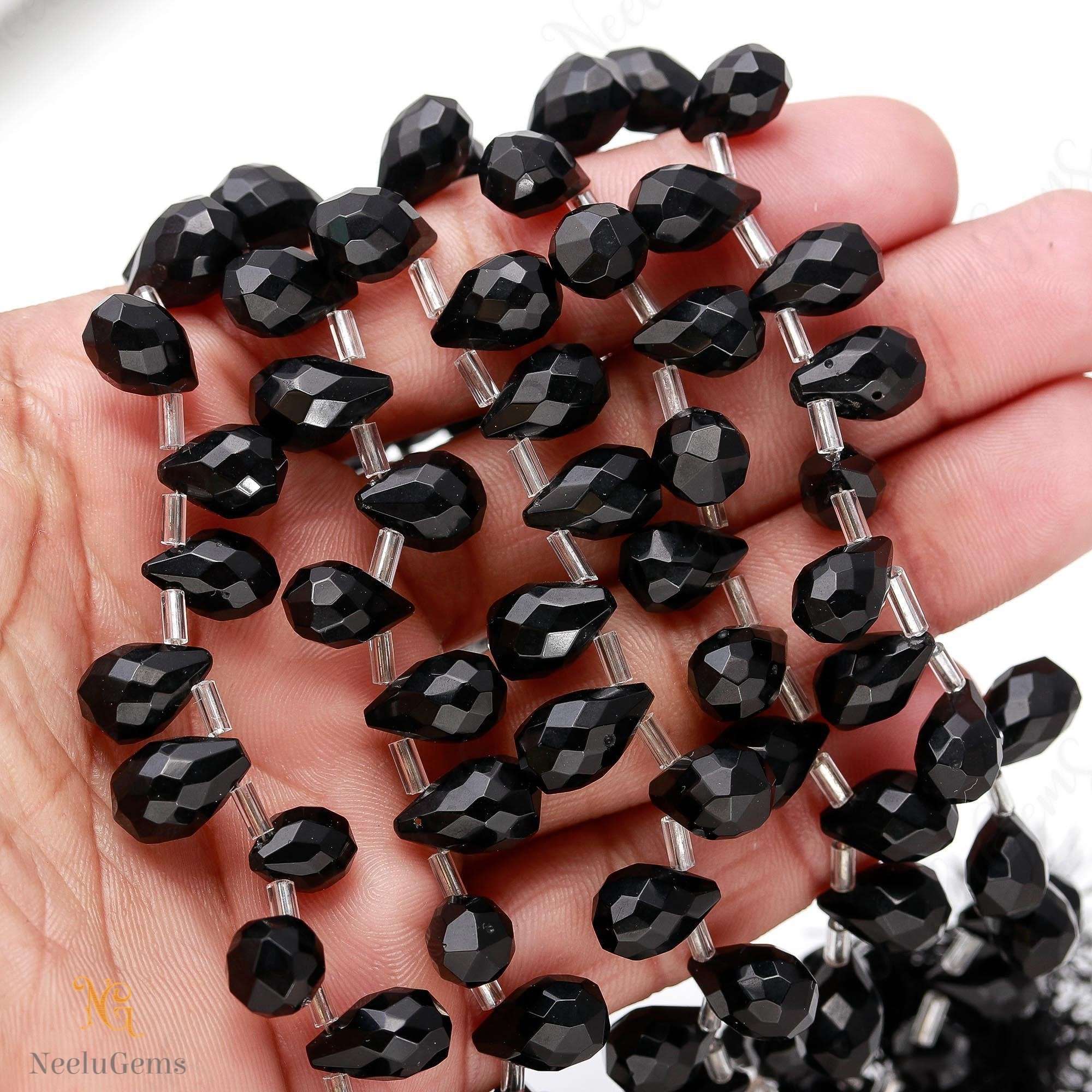 Aaa+ Black Spinel Faceted Teardrop Briolette Beads,black Quartz Side Drill Drop Beads, 10 Pcs Gemstone Beads For Handmade Jewelry