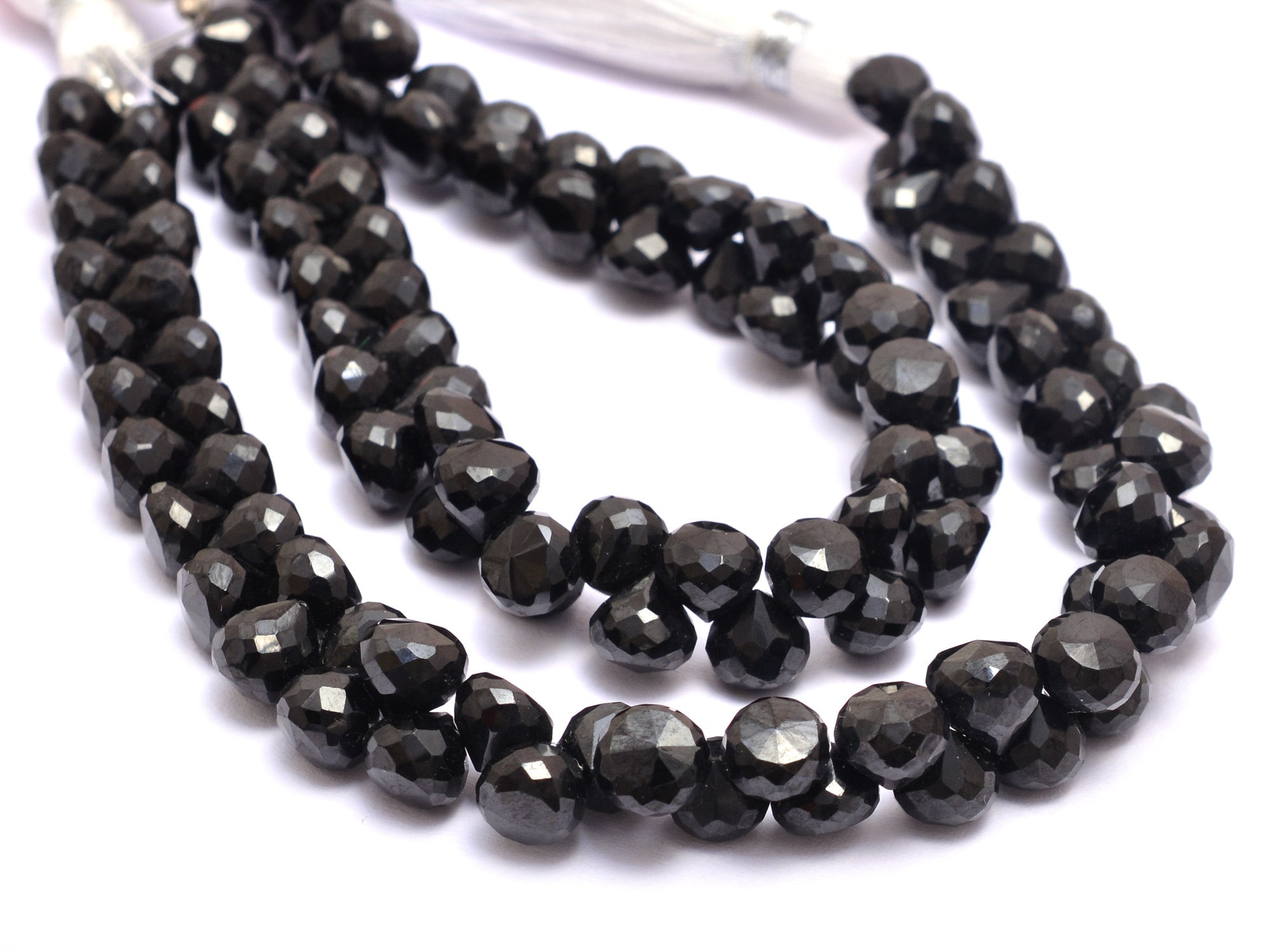 Aaa+ Black Spinel 6mm-7mm Faceted Onion Briolette | Natural Black Spinel Semi Precious Gemstone Loose Briolette Faceted Beads | 7inch Strand