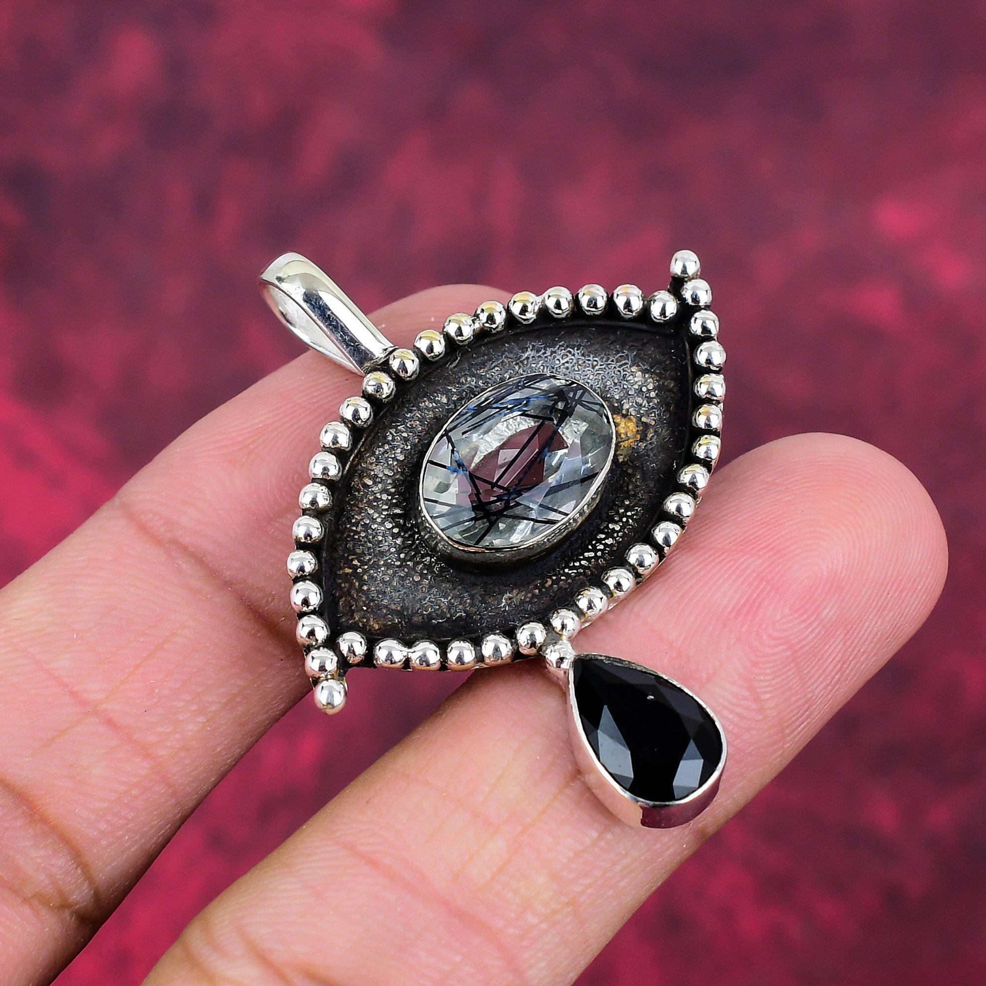 Beautiful Black Spinel Pendant 925 Sterling Silver Handmade Pendant Black Rutile Gemstone Statement Jewelry Eyes Pendant Anniversary Gifts