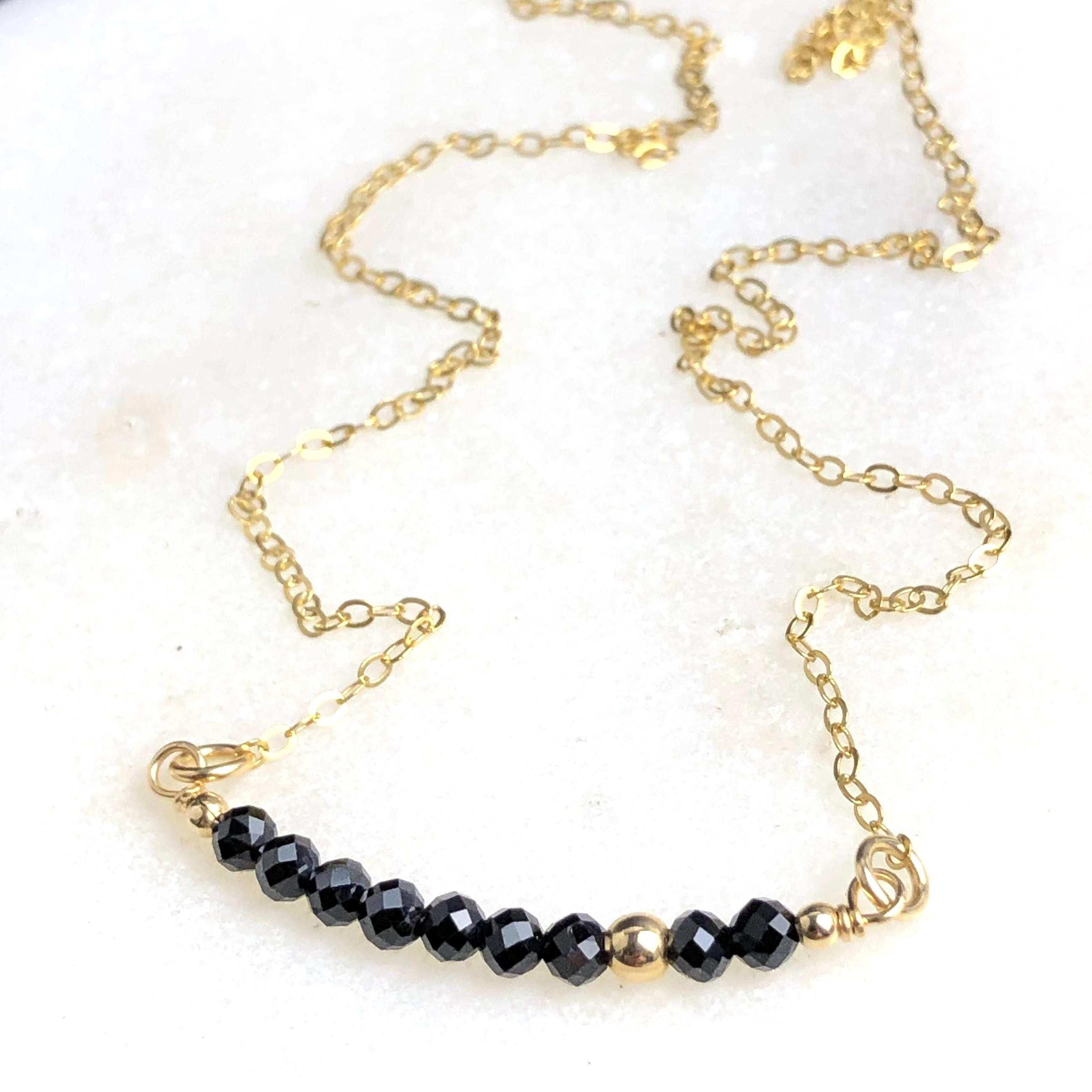 Black Spinel Bar Necklace, Gold Filled Pendant, Dainty Gemstone Choker