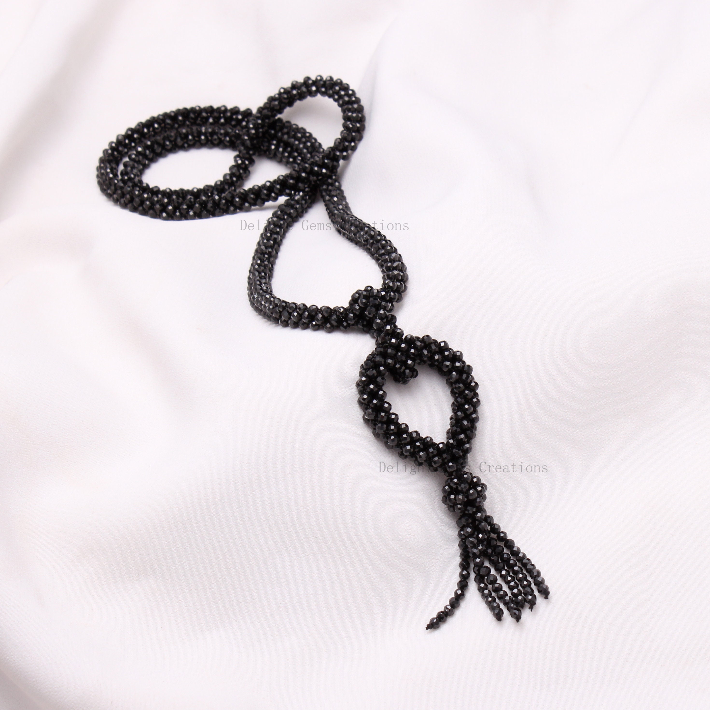 Black Spinel Bead Necklace, Hand Woven Spinel Gemstone Beads Necklace, Handmade Tassel Pendant Necklace 28 Inch Necklace, Gift For Her