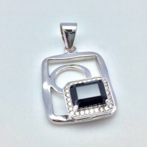 Black Spinel Pendant With Cz Accent // 925 Sterling Silver // Rhodium Finish // Small Hammered Geometric Shape Black Spinel Pendant With Cz Accent // 925 Sterling Silver // Rhodium Finish // Small Hammered Geometric Shape