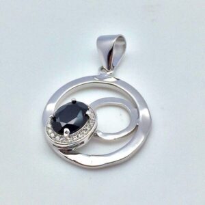 Black Spinel Pendant With Diamond Cz Accent // 925 Sterling Silver // Rhodium Finish // Small Hammered Circle Shape Black Spinel Pendant With Diamond Cz Accent // 925 Sterling Silver // Rhodium Finish // Small Hammered Circle Shape
