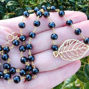 Black Spinel Gemstone Necklace Gold, Tropical Leaf Pendant, Gardening Jewelry Gift, Plant Lovers Jewelry, Nature Inspired Jewelry, Gold Leaf Black Spinel Gemstone Necklace Gold, Tropical Leaf Pendant, Gardening Jewelry Gift, Plant Lovers Jewelry, Nature Inspired Jewelry, Gold Leaf