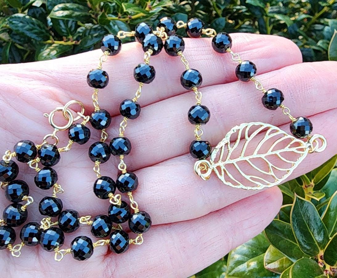 Black Spinel Gemstone Necklace Gold, Tropical Leaf Pendant, Gardening Jewelry Gift, Plant Lovers Jewelry, Nature Inspired Jewelry, Gold Leaf