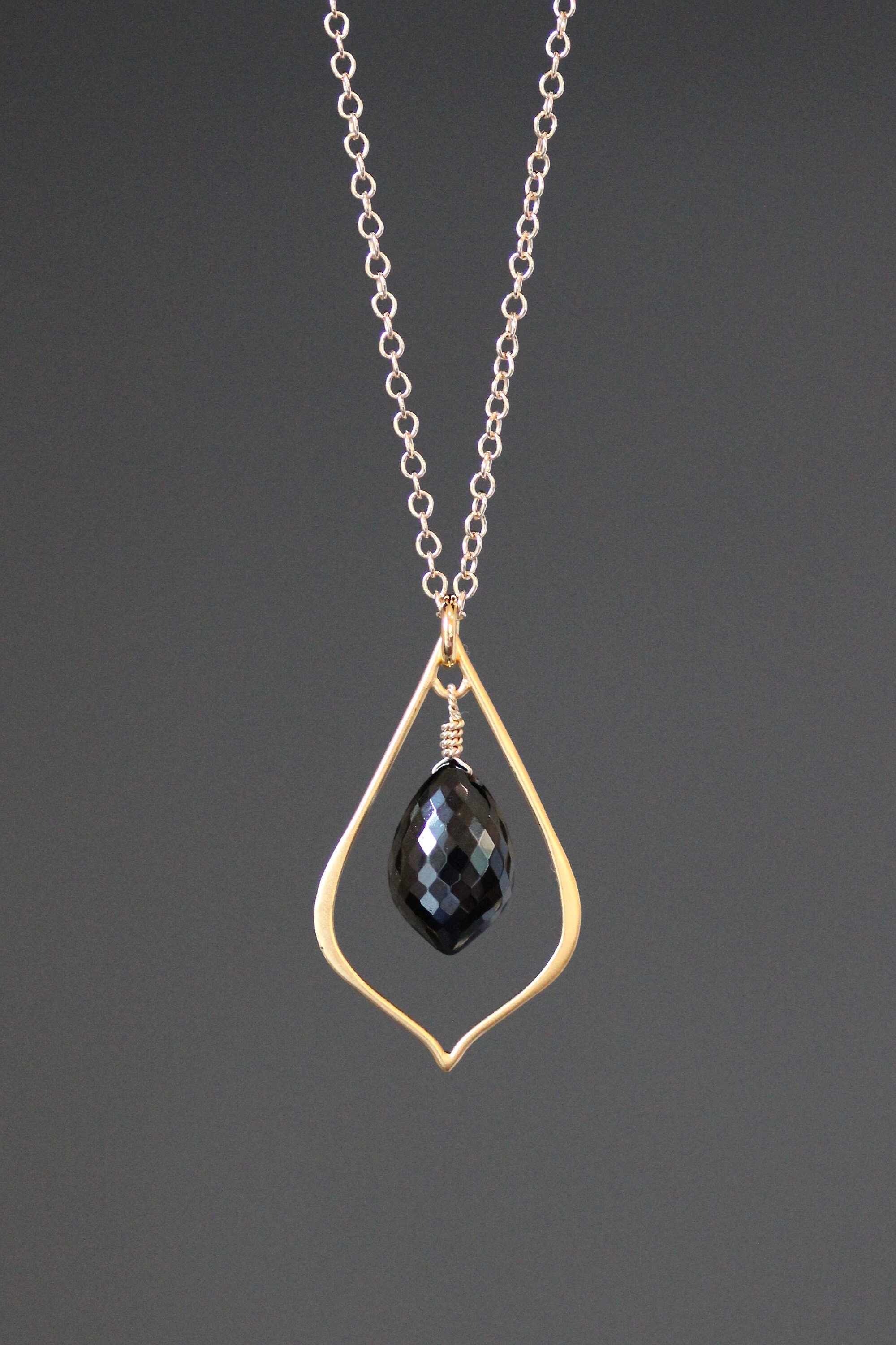 Black Spinel Necklace - Gold Pendant Necklace - Black Gemstone Pendant - Black And Gold Necklace - Gold Wire Wrapped Pendant